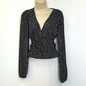 Zara - Polka Dot Black & White Plunge Tie Silky Long Sleeve Blouse Size Small